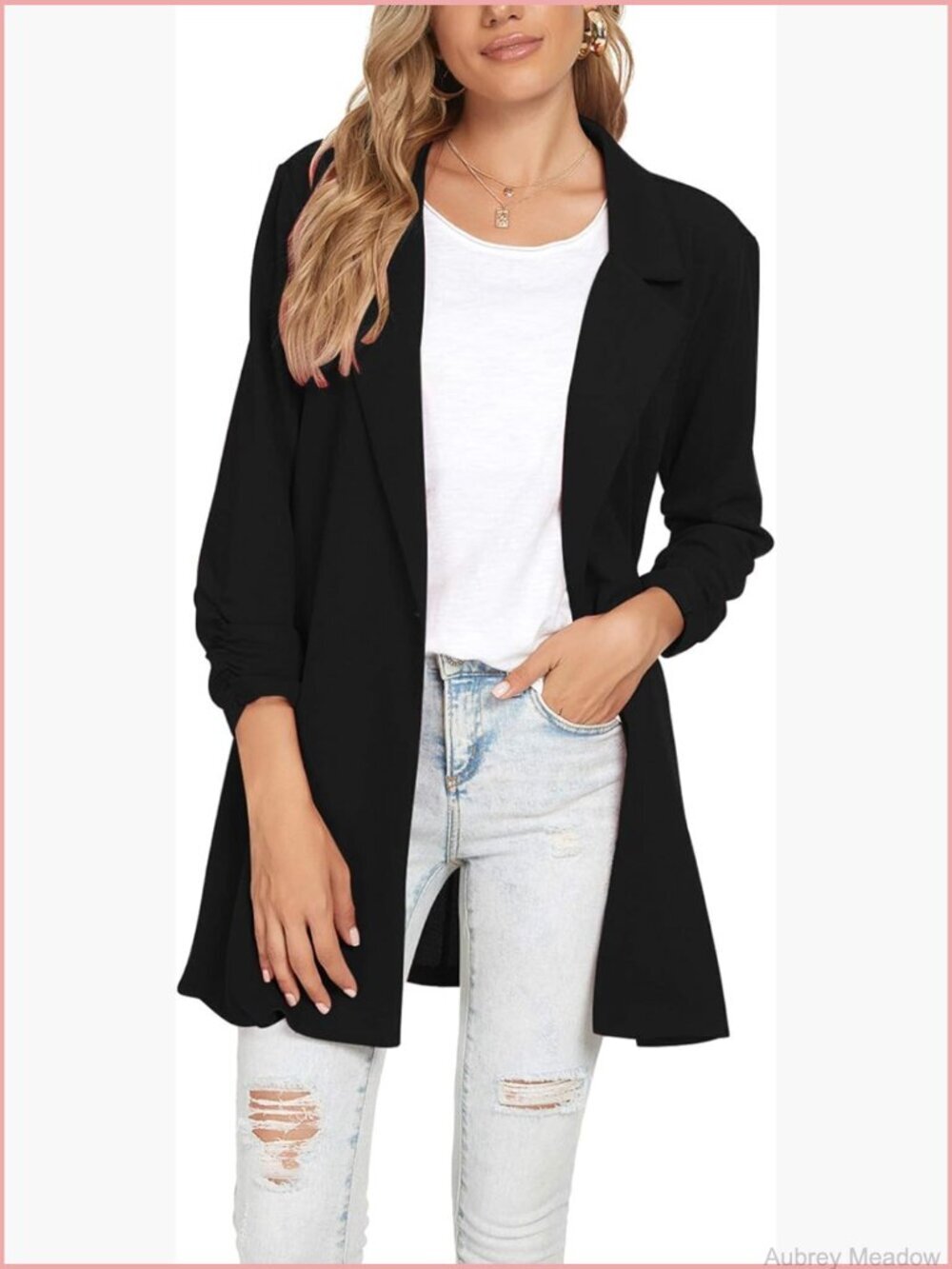 Ruched 3/4 Sleeve Blazer Open Front Lightweight Slim Lapel Button Work Office